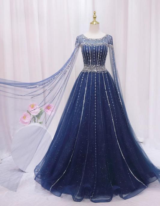 Flowy A-Line Jewel Neck Sweet 16th Gowns Tulle Long Sleeve Beading Sequins Rhinestones Prom Dress AP4466