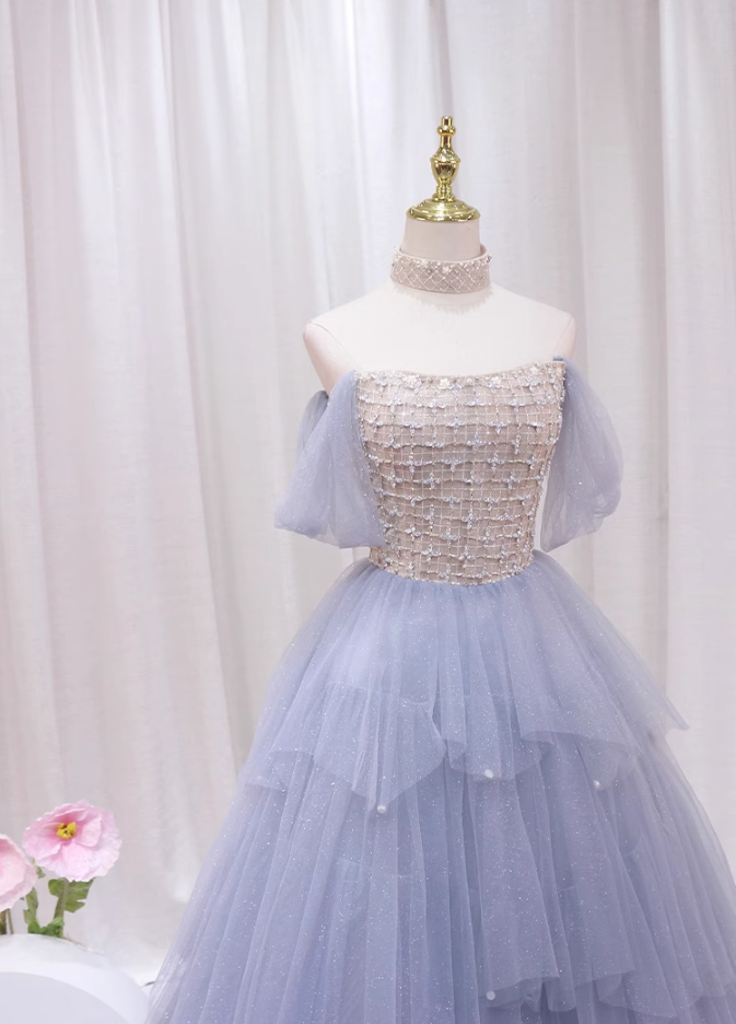 Sparkly Off-Shoulder A-Line Sweet 16th Dresses Beading Pearls Sequins Tulle Prom Dress AP4467