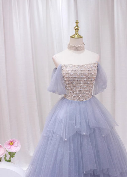 Sparkly Off-Shoulder A-Line Sweet 16th Dresses Beading Pearls Sequins Tulle Prom Dress AP4467