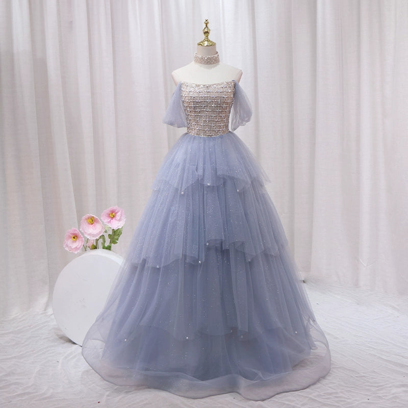 Sparkly Off-Shoulder A-Line Sweet 16th Dresses Beading Pearls Sequins Tulle Prom Dress AP4467