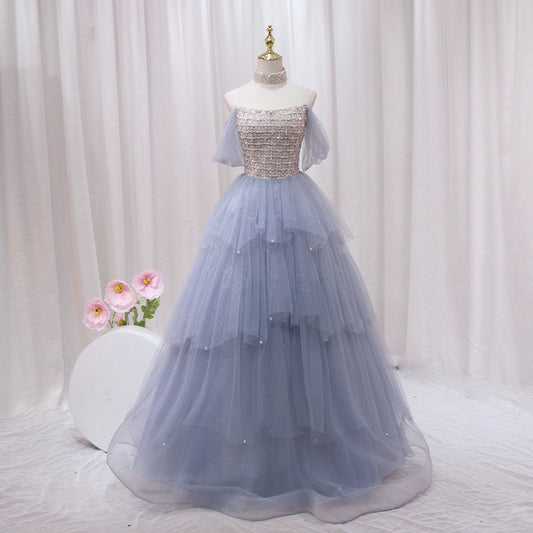 Sparkly Off-Shoulder A-Line Sweet 16th Dresses Beading Pearls Sequins Tulle Prom Dress AP4467