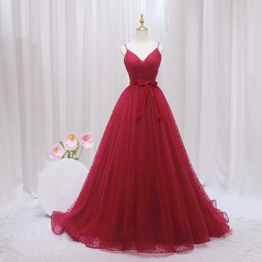 Minimalist A-Line Spaghetti Strap Red Sweet 16th Evening Dresses Polka Dots Bow Tulle Prom Dress AP4468
