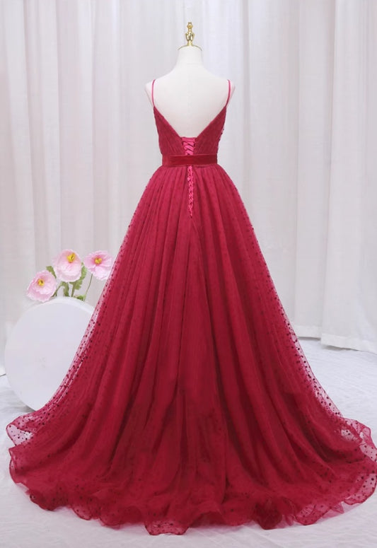 Minimalist A-Line Spaghetti Strap Red Sweet 16th Evening Dresses Polka Dots Bow Tulle Prom Dress AP4468
