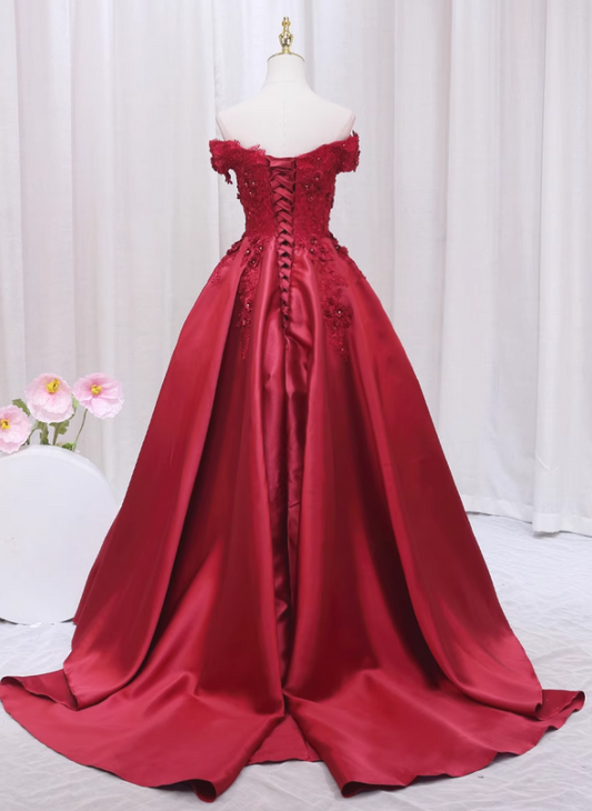 Simple Red Off-Shoulder A-Line Sweet 16th Gowns Appliques Lace Sequins Prom Dress AP4469
