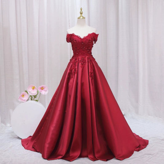Simple Red Off-Shoulder A-Line Sweet 16th Gowns Appliques Lace Sequins Prom Dress AP4469