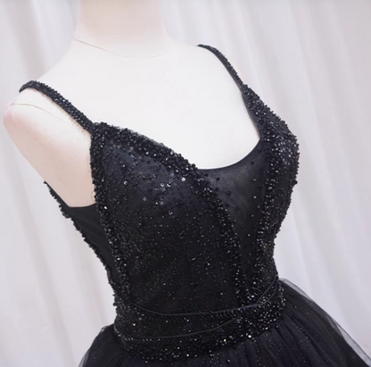 Adorable A-Line Spaghetti Strap Black Birthday Gowns Sequins Beading Tiered Tulle Homecoming Dress AP4470