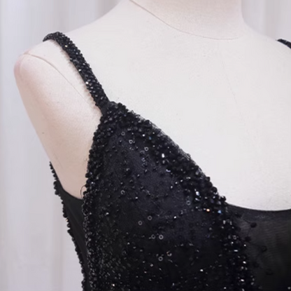 Adorable A-Line Spaghetti Strap Black Birthday Gowns Sequins Beading Tiered Tulle Homecoming Dress AP4470