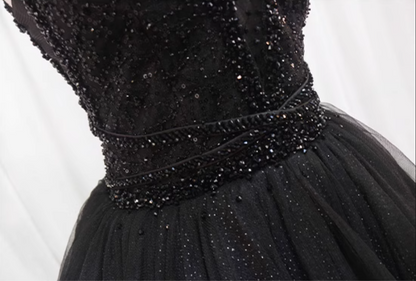 Adorable A-Line Spaghetti Strap Black Birthday Gowns Sequins Beading Tiered Tulle Homecoming Dress AP4470