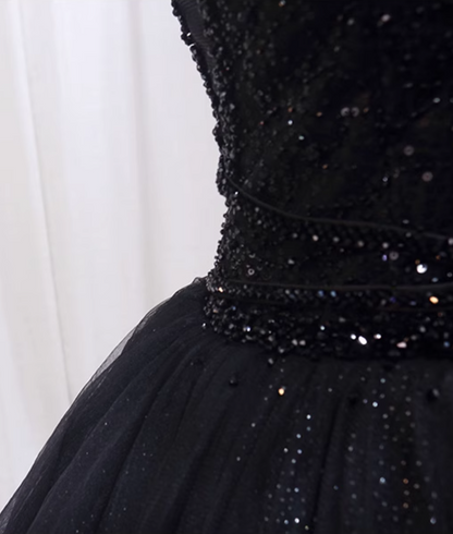 Adorable A-Line Spaghetti Strap Black Birthday Gowns Sequins Beading Tiered Tulle Homecoming Dress AP4470