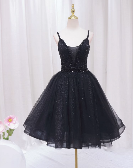 Adorable A-Line Spaghetti Strap Black Birthday Gowns Sequins Beading Tiered Tulle Homecoming Dress AP4470