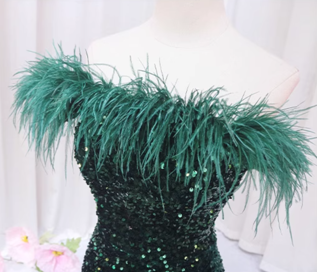 Playful One Shoulder Sheath High-Slit Sweet 16th Dresses Feather Sequins Prom Dress AP4471