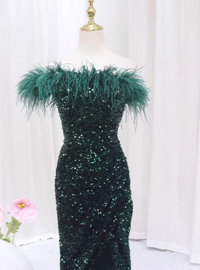 Playful One Shoulder Sheath High-Slit Sweet 16th Dresses Feather Sequins Prom Dress AP4471