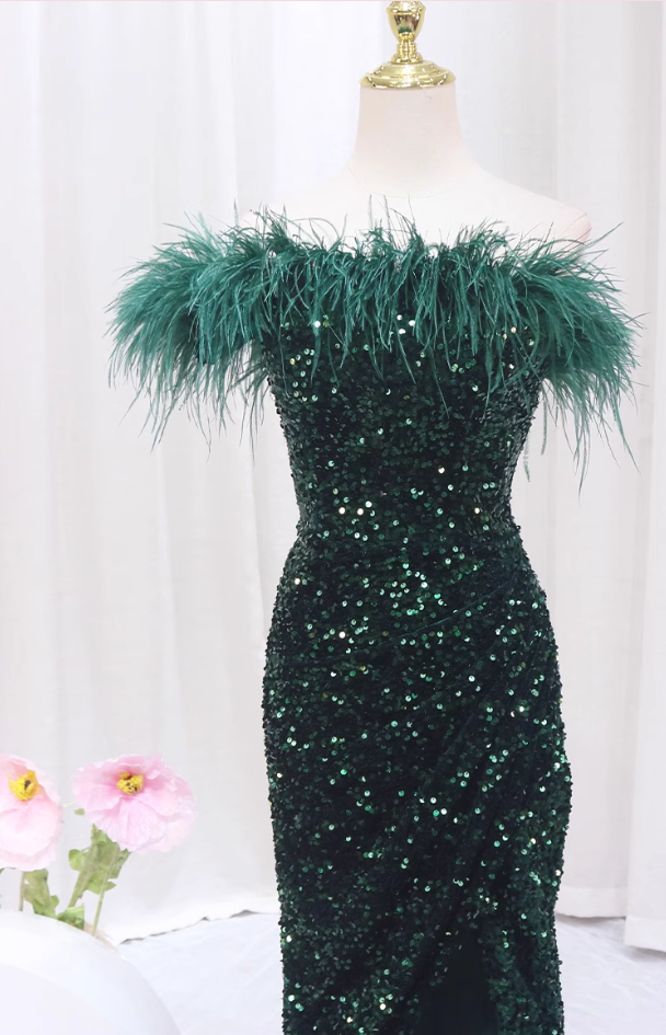 Playful One Shoulder Sheath High-Slit Sweet 16th Dresses Feather Sequins Prom Dress AP4471