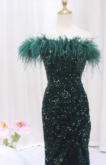 Playful One Shoulder Sheath High-Slit Sweet 16th Dresses Feather Sequins Prom Dress AP4471