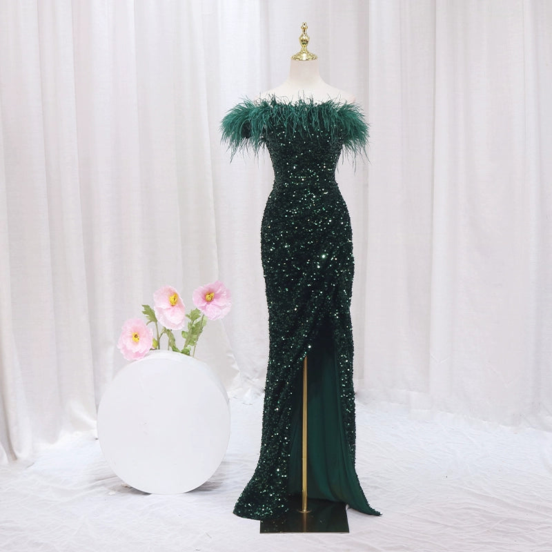 Playful One Shoulder Sheath High-Slit Sweet 16th Dresses Feather Sequins Prom Dress AP4471