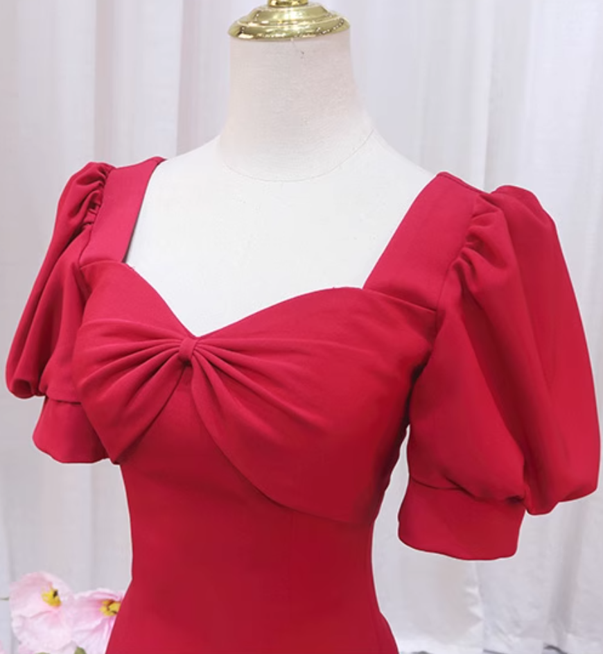 Stylish Sweetheart Neck Short Sleeve Mermaid Evening Dresses Bow Red Satin Prom Dress AP4472