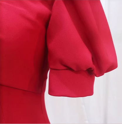 Stylish Sweetheart Neck Short Sleeve Mermaid Evening Dresses Bow Red Satin Prom Dress AP4472