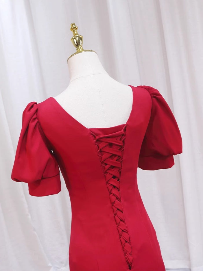 Stylish Sweetheart Neck Short Sleeve Mermaid Evening Dresses Bow Red Satin Prom Dress AP4472