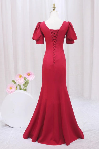 Stylish Sweetheart Neck Short Sleeve Mermaid Evening Dresses Bow Red Satin Prom Dress AP4472