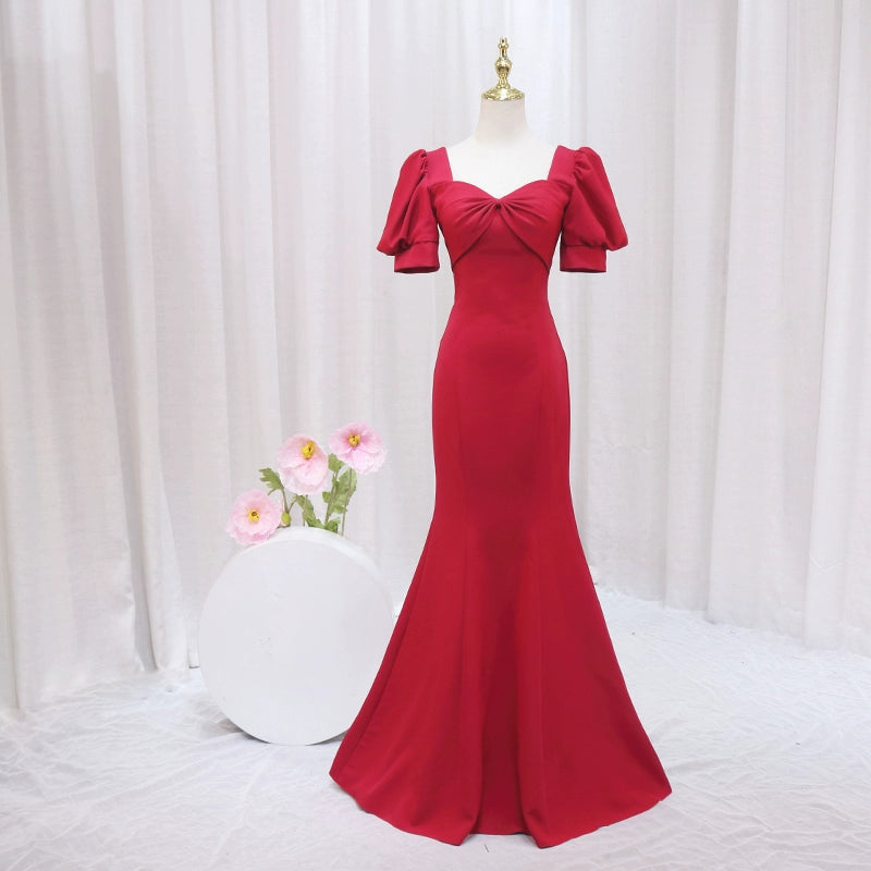 Stylish Sweetheart Neck Short Sleeve Mermaid Evening Dresses Bow Red Satin Prom Dress AP4472