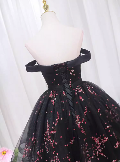 Flattering Off-Shoulder Black A-Line Birthday Dresses Floral Print Tulle Homecoming Dress AP4474