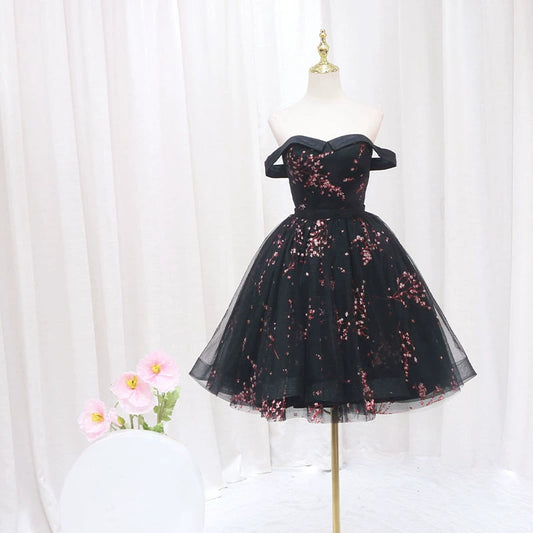 Flattering Off-Shoulder Black A-Line Birthday Dresses Floral Print Tulle Homecoming Dress AP4474