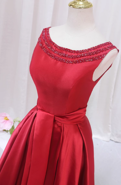 Trendy A-Line Jewel Neck Evening Gowns Beading Red Satin Prom Dress AP4475