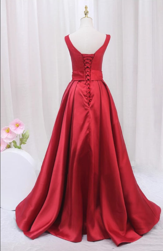 Trendy A-Line Jewel Neck Evening Gowns Beading Red Satin Prom Dress AP4475