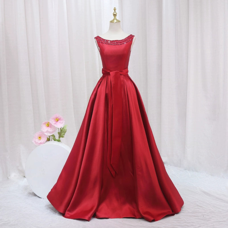 Trendy A-Line Jewel Neck Evening Gowns Beading Red Satin Prom Dress AP4475