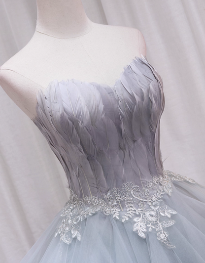 Attractive Strapless A-Line Birthday Dresses Feather Appliques Tulle Homecoming Dress AP4476