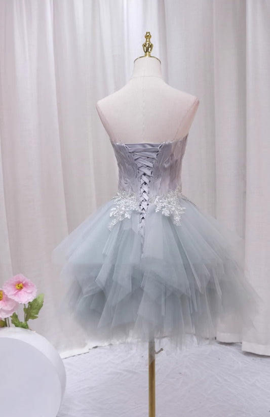 Attractive Strapless A-Line Birthday Dresses Feather Appliques Tulle Homecoming Dress AP4476