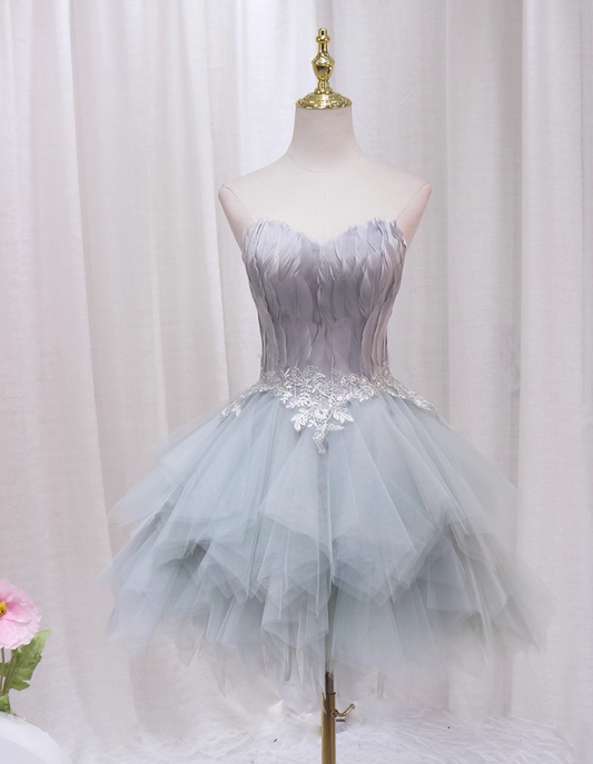 Attractive Strapless A-Line Birthday Dresses Feather Appliques Tulle Homecoming Dress AP4476