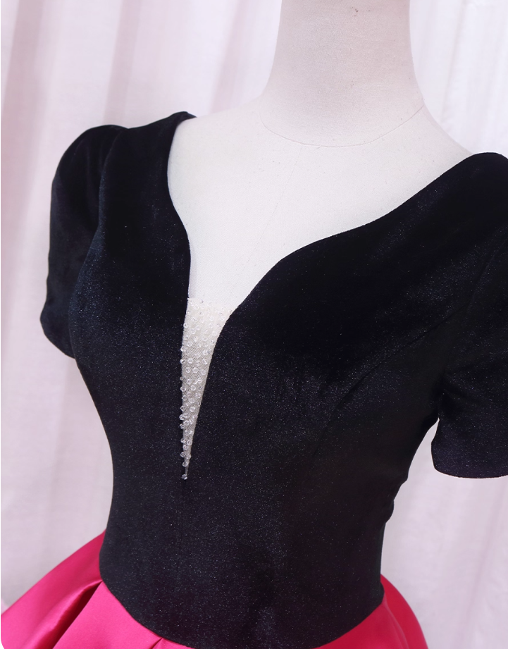 Vogue V Neck Short Sleeve Evening Dresses Beads Color-Blocked A-Line Prom Dress AP4478