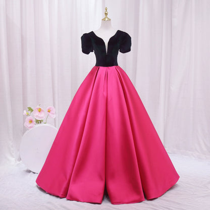 Vogue V Neck Short Sleeve Evening Dresses Beads Color-Blocked A-Line Prom Dress AP4478