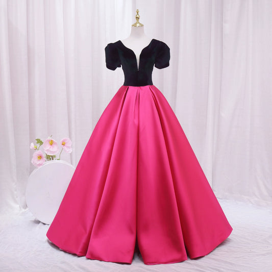 Vogue V Neck Short Sleeve Evening Dresses Beads Color-Blocked A-Line Prom Dress AP4478