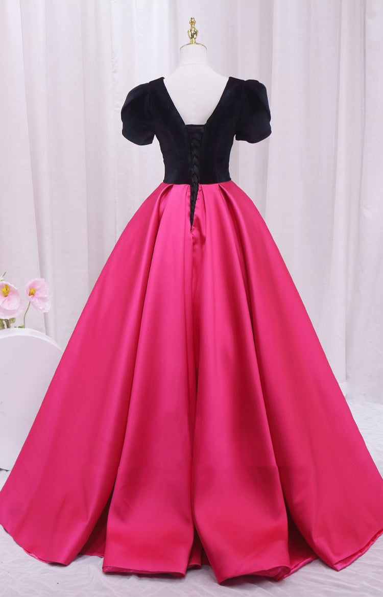 Vogue V Neck Short Sleeve Evening Dresses Beads Color-Blocked A-Line Prom Dress AP4478