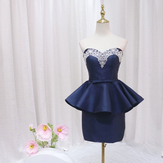 Modern Strapless Sheath Birthday Gowns Appliques Ruffles Homecoming Dress AP4480