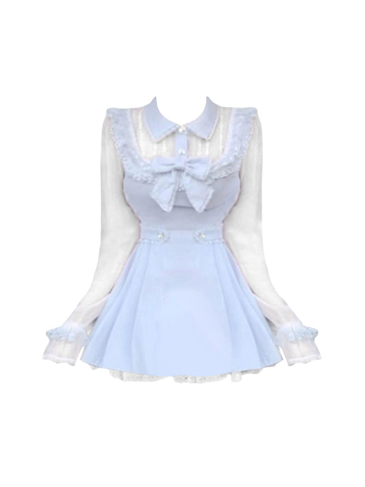 Princess A-Line Pressed Pleated Mini Skirt Cute Lapel Neck Long Sleeve Bow Accent Short Dress AP4481