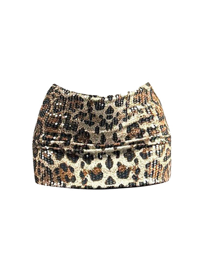 Glittering 2-Piece Set Strapless Leopard Mini Skirt Sheath Vintage Sequins Design Cinched Short Dress AP4482