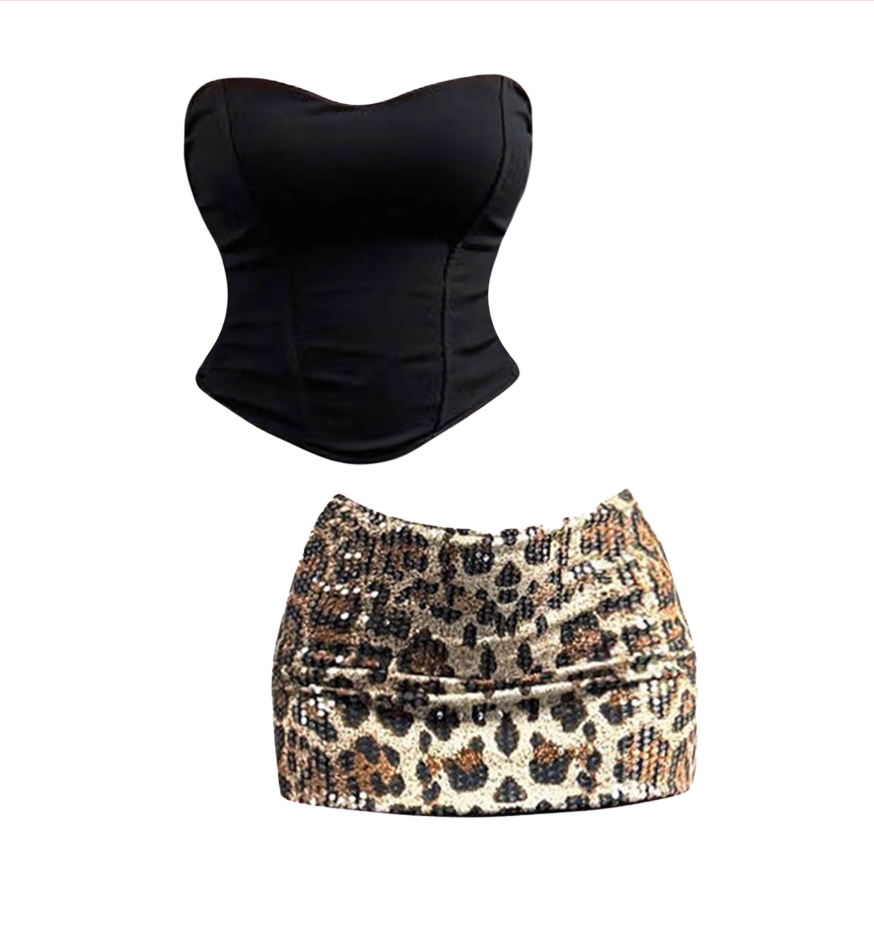 Glittering 2-Piece Set Strapless Leopard Mini Skirt Sheath Vintage Sequins Design Cinched Short Dress AP4482