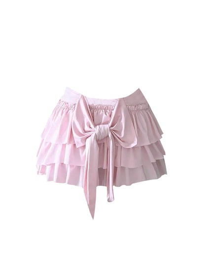 Hot Girls Strapless A-Line Pink Mini Skirt Adorable Bow Accent 2-Piece Set Tiered Short Dress AP4484