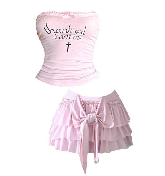 Hot Girls Strapless A-Line Pink Mini Skirt Adorable Bow Accent 2-Piece Set Tiered Short Dress AP4484