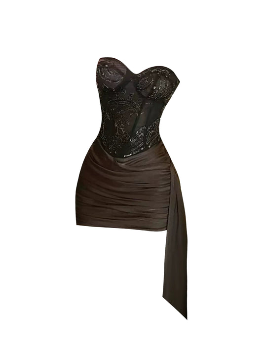 Fancy Strapless Cinched-Waist Sash Mini Skirt Sheath Charming Sequins Lace Design Draped Short Dress AP4485