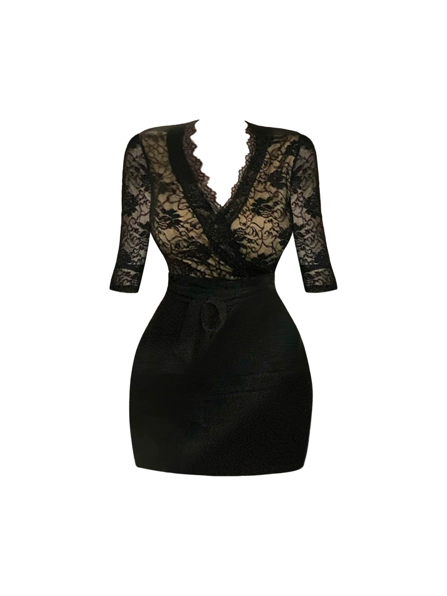 Delicate V Neck Sheath Black Mini Skirt Sexy Long Sleeve Splicing Lace Short Dress AP4486