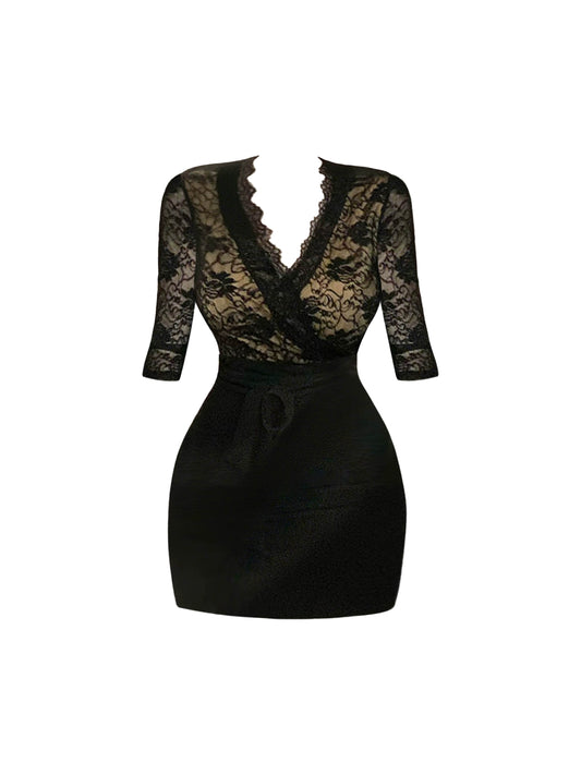 Delicate V Neck Sheath Black Mini Skirt Sexy Long Sleeve Splicing Lace Short Dress AP4486