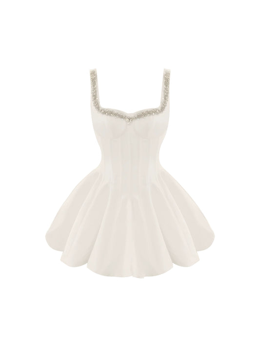 Maximalism Spaghetti Strap Beaded Mini Skirt Charming Cinched-Waist A-Line White Short Dress AP4488