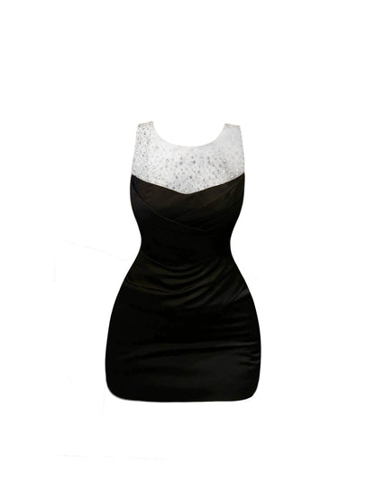 Hottie Outfit Jewel Neck Mini Skirt Sheath Vogue Sequins Accent Splicing Tulle Short Dress AP4489