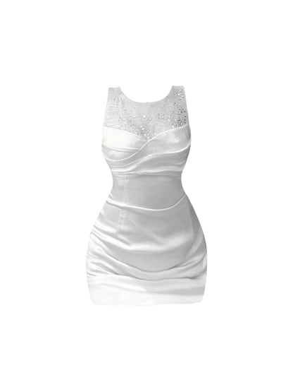 Hottie Outfit Jewel Neck Mini Skirt Sheath Vogue Sequins Accent Splicing Tulle Short Dress AP4489