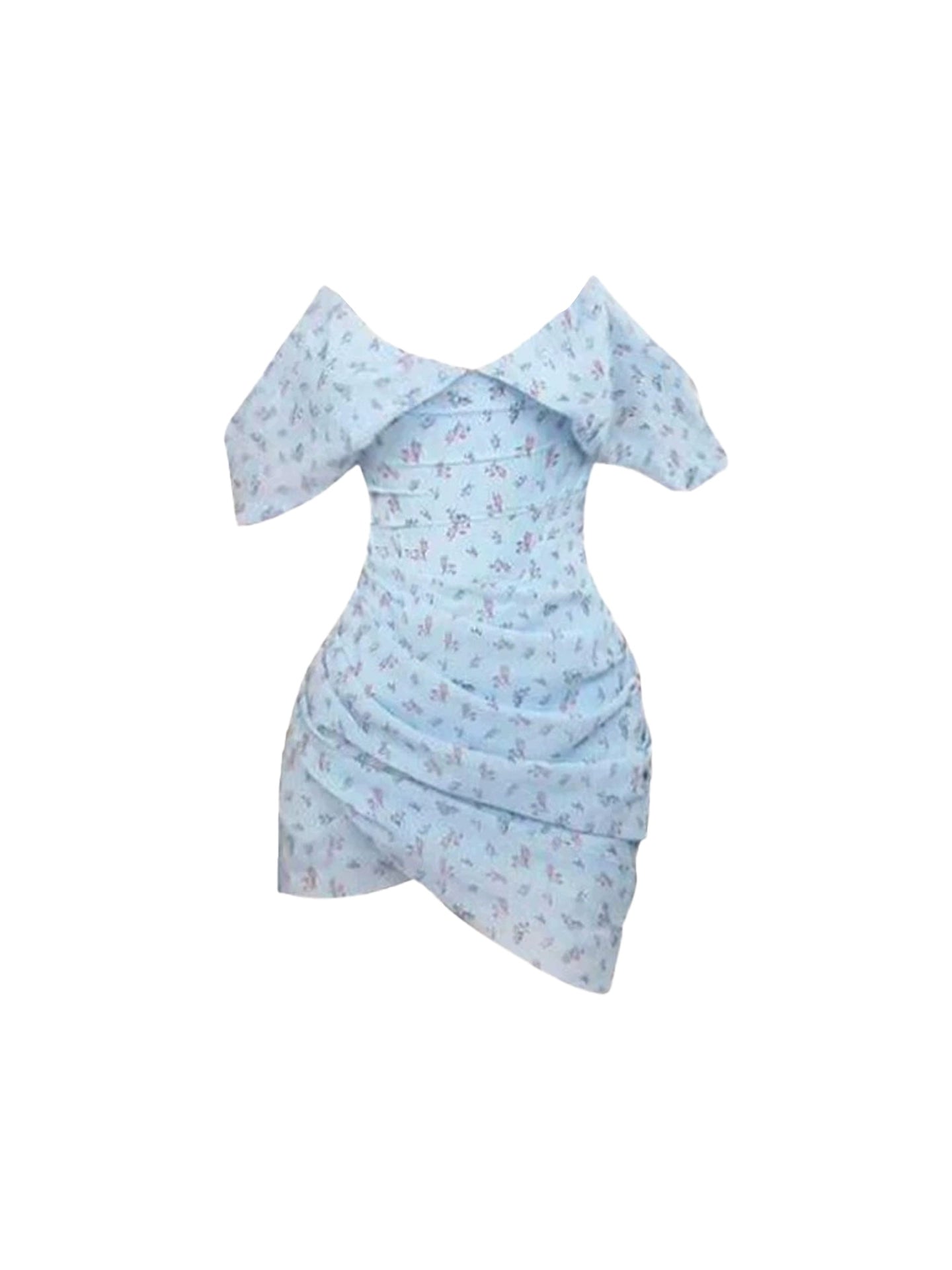 Y2K Style Sheath Asymmetric Hem Draped Mini Skirt Vibrant Off-Shoulder Floral Short Dress AP4491