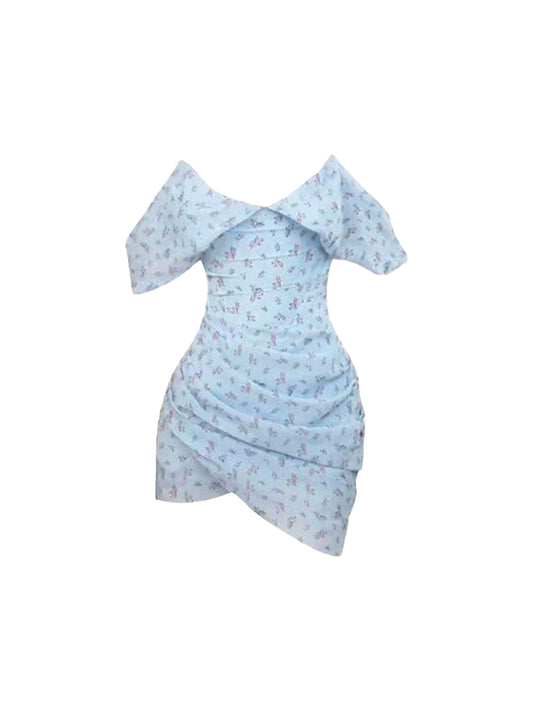 Y2K Style Sheath Asymmetric Hem Draped Mini Skirt Vibrant Off-Shoulder Floral Short Dress AP4491